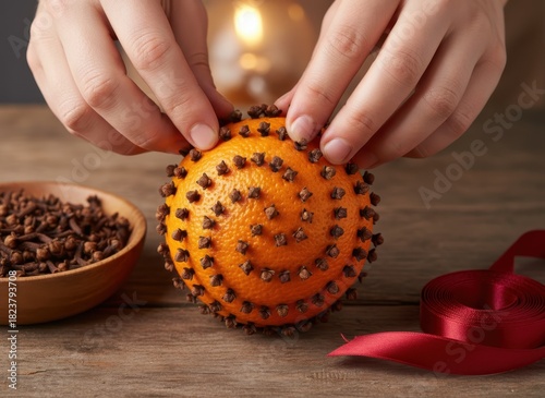 Creating aromatic christmas pomander with fresh orange and fragrant cloves, hands decorating festive craft.