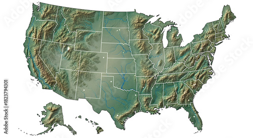 United States of America Topographic Map with State Borders and Relief Shading