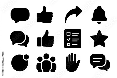 Audience Engagement Icons. Solid style icons of audience engagement: comment bubble, like icon, share arrow, subscription bell,