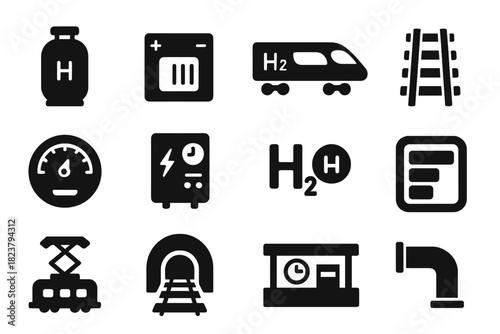 Hydrogen Train Elements. Solid style icons of hydrogen trains: hydrogen tank, fuel cell, train carriage, rail track, energy meter,