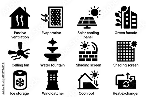 Climate Cooling Icons. Solid style icons of Climate-Responsive Cooling: passive ventilation, evaporative pad system, solar cooling