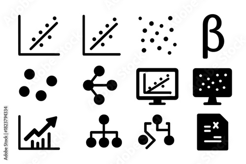 Econometric Analysis Icons. Solid style icons of econometric analysis: regression chart, line of best fit, residual plot,
