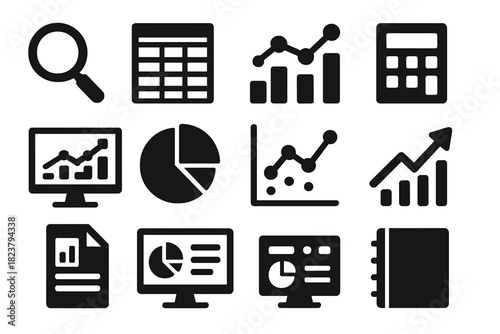 Financial Tools Icons. Solid style icons of financial analysis tools: magnifying glass, spreadsheet, graph, calculator, computer