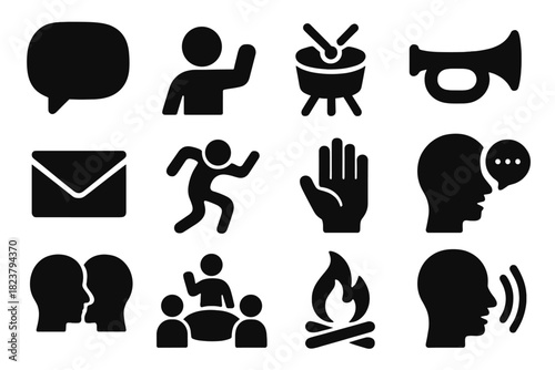 Communication Icons Collection. Solid style icons of communication practices: speech bubble, storytelling figure, drum signal,