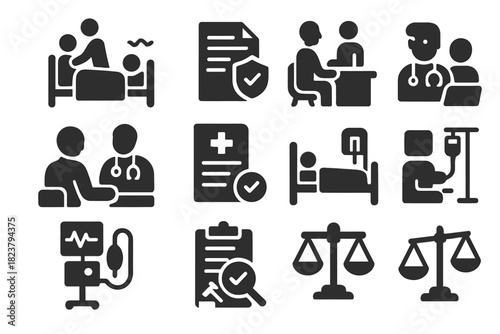 Clinical Responsibility Icons. Solid style icons of Clinical Responsibility: end-of-life support, consent documentation, clinical