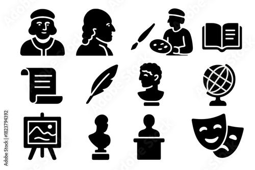 Cultural Evolution Icons. Solid style icons of Cultural Evolution: humanist thinker, enlightenment philosopher, modernist painter,