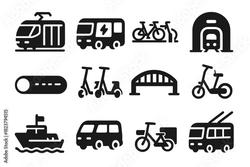 Smart Transport Icons. Solid style icons of Smart Public Transport: autonomous tram, electric bus, bike-sharing hub, metro station