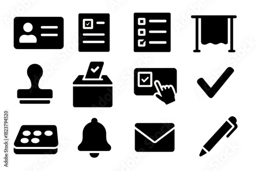 Election Tools Icons. Solid style icons of election tools: voter ID card, ballot paper, tally sheet, voting booth, ink stamp,