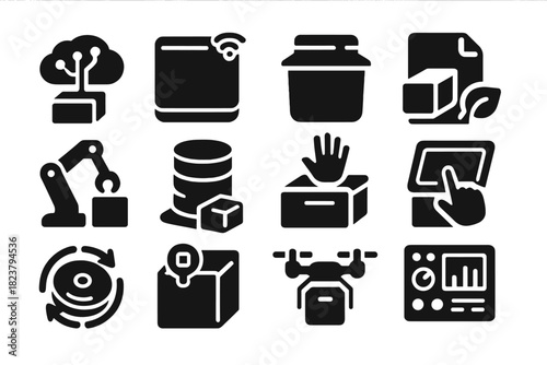 Futuristic Packaging Icons. Solid style icons of futuristic packaging: AI labeling system, smart container, sensor array,