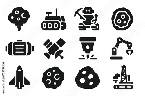 Interplanetary Mining Icons. Solid style icons of Interplanetary Mining: asteroid drill, lunar rover, mining robot, ore sample,