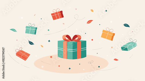 Ключові слова сказал:

Colorful gift boxes with ribbons floating in the air surrounded by falling leaves in a festive autumn-themed illustration