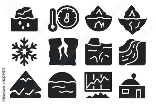 Climate and Glacier Icons. Solid style icons of Climate and Glaciers: melting glacier, climate gauge, glacial lake, iceberg,