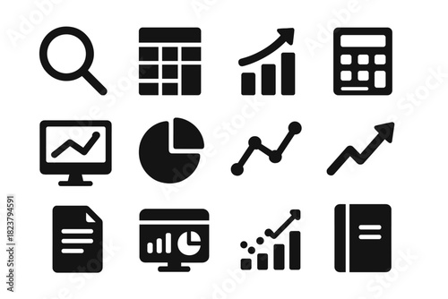 Financial Tools Icons. Solid style icons of financial analysis tools: magnifying glass, spreadsheet, graph, calculator, computer