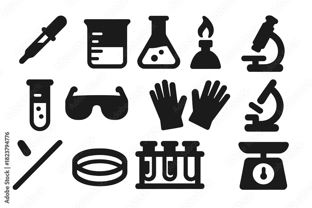 Fototapeta premium Laboratory Tools Icons. Solid style icons of laboratory tools: pipette, beaker, flask, Bunsen burner, test tube, safety goggles,