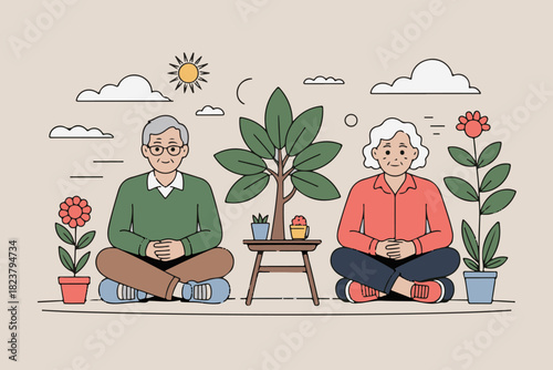 Elderly couple meditating peacefully outdoors surrounded by plants and nature
