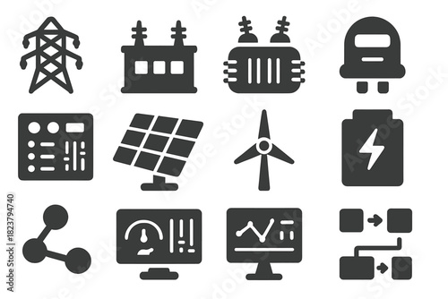 Smart Grid Icons. Solid style icons of smart grids: powerline, substation, transformer, energy meter, control panel, solar panel,