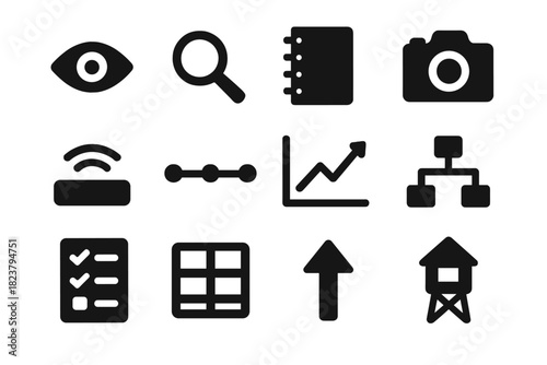 Observation Tools Icons. Solid style icons of behavioral observation: eye icon, magnifying glass, notebook, camera, sensor,