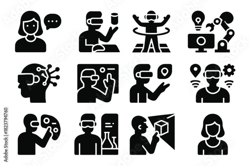 Futuristic VR Icons. Solid style icons of futuristic VR applications: AI assistant, holographic display, immersive simulation,