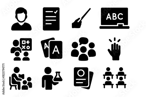 Teaching Strategy Icons. Solid style icons of teaching strategies: teacher figure, lesson plan, pointer, blackboard, interactive
