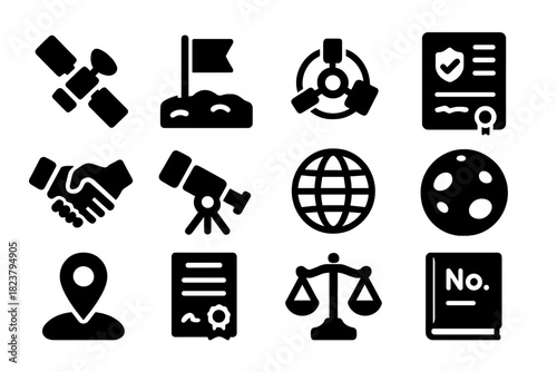 Space Property Icons. Solid style icons of property rights in space: satellite, land claim flag, orbiting station, legal document,