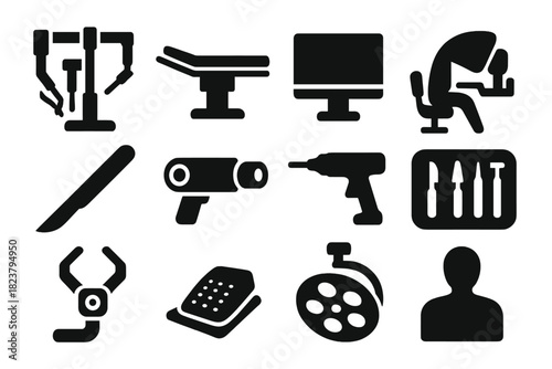 Surgical System Icons. Solid style icons of surgical systems: robotic surgical arm, operating table, monitor screen, control