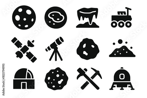 Lunar Geology Icons. Solid style icons of Lunar Geology Research: moon surface, crater study, ice deposit, rover, satellite,