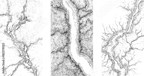 Black and white topographic map style river systems and terrain water