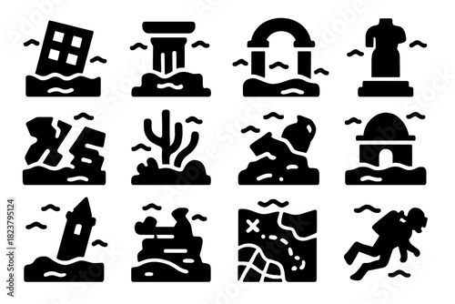 Sunken City Icons. Solid style icons of sunken cities: submerged building, column, archway, statue, road fragments, coral growth,