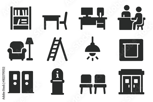 Library Infrastructure Icons. Solid style icons of library infrastructure: shelves, study desk, computer station, reference desk,