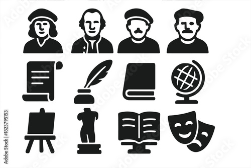 Art and Philosophy Icons. Solid style icons of Art and Philosophy History: humanist scholar, enlightenment philosopher, modern