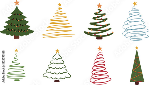 Christmas tree doodle style line art drawing outline set vector illustration
