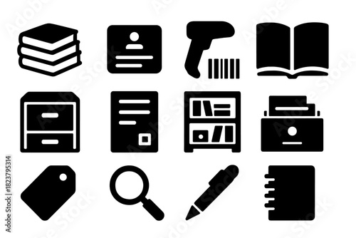 Cataloging Icons Collection. Solid style icons of cataloging: book stack, library card, barcode scanner, open ledger, filing
