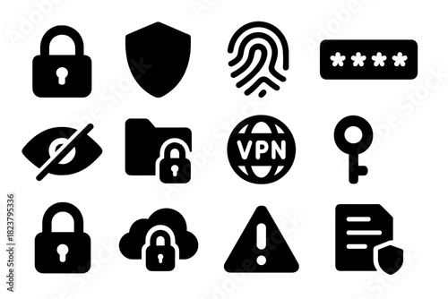 Digital Privacy Icons. Solid style icons of digital privacy: lock, shield, fingerprint, password field, eye with slash, secure