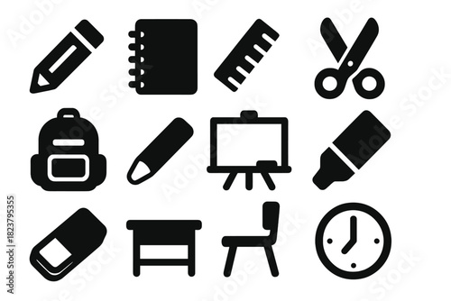 Classroom Tools Icons. Solid style icons of classroom tools: pencil, notebook, ruler, scissors, backpack, chalk, whiteboard,