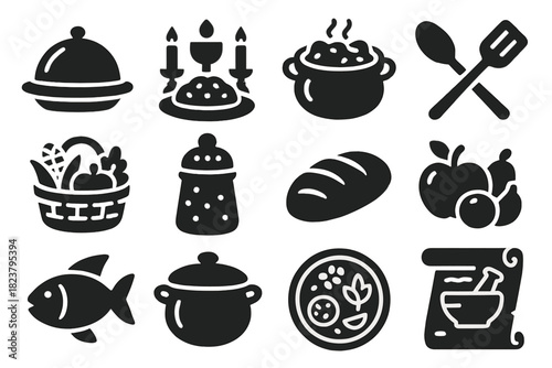 Cultural Cuisine Icons. Solid style icons of Food and Culture: cultural dish, ceremonial meal, ancient recipe, kitchen tools,
