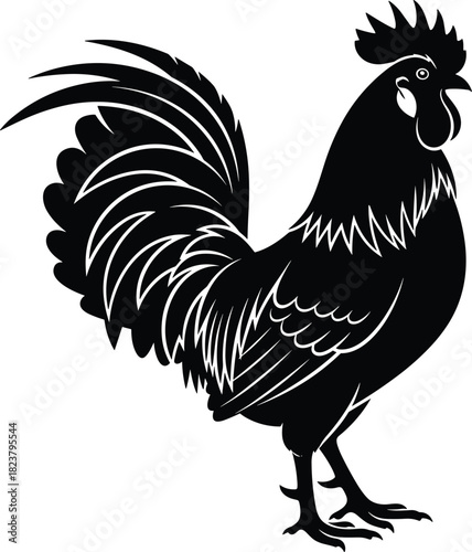 Rooster Silhouette Black and White Vector Illustration of a Gallic Cock, a Farm Bird, for Mascot, Logo, or Vintage Agricultural Design Element, isolated on white background, highly detailed.