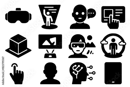 Futuristic Storytelling Icons. Solid style icons of futuristic storytelling: VR headset, holographic display, AI assistant,