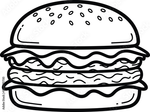 Simple black outline double hamburger doodle, cute cartoon vector illustration, fast food lunch, cheeseburger with lettuce and bun, restaurant menu element, clip art.