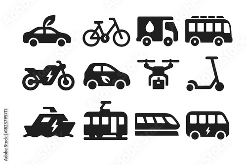 Eco Vehicle Icons. Solid style icons of Eco-Friendly Vehicles: hybrid car, e-bike, hydrogen truck, solar bus, electric motorcycle,