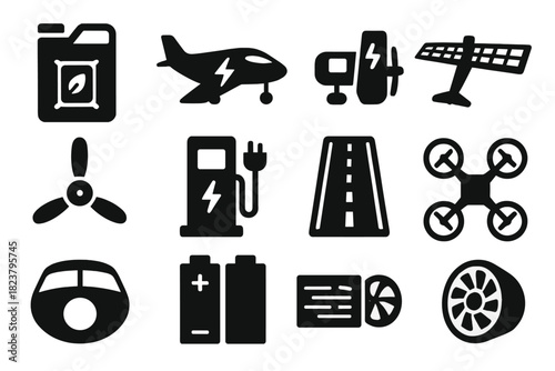 Low-Emission Aviation Icons. Solid style icons of Low-Emission Aviation: biofuel container, electric plane, hybrid propulsion