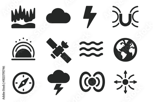 Atmospheric Phenomena Icons. Solid style icons of atmospheric phenomena: aurora borealis, cloud icon, lightning bolt, magnetic