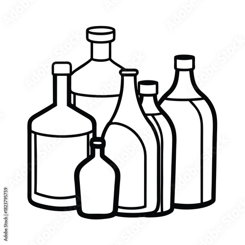 A transparent glass set of green and red wine bottles and vodka alcohol beverages isolated on white