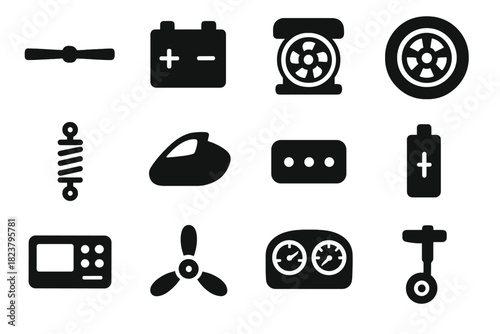 Solid Vehicle Icons. Solid style icons of vehicle components: rotor blade, battery pack, hover engine, wheel assembly, suspension,
