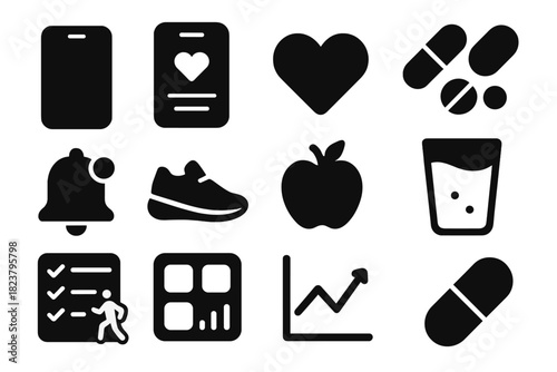 Mobile Health App Icons. Solid style icons of mobile health apps: smartphone, app interface, heart icon, medication reminder,