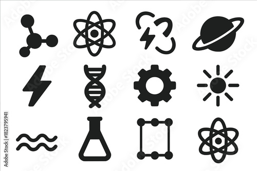 Scientific Concept Icons. Solid style icons of scientific concepts: molecule, atom, magnet, planet, energy bolt, DNA strand, gear,