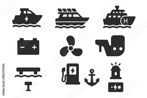Sustainable Marine Transport Icons. Solid style icons of sustainable marine transport: electric boat, solar-powered yacht,