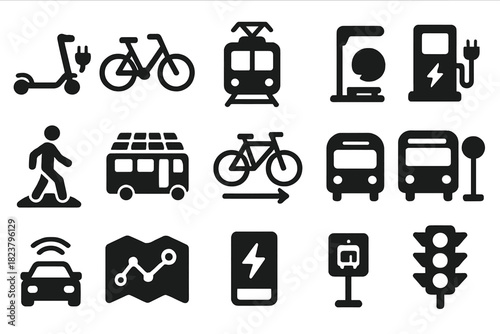 Sustainable Transport Icons. Solid style icons of sustainable transport: electric scooter, e-bike, tram, charging station,