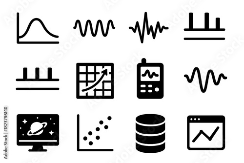 Astronomy Data Icons. Solid style icons of data analysis in astronomy: spectrum chart, light curve, signal graph, emission lines,