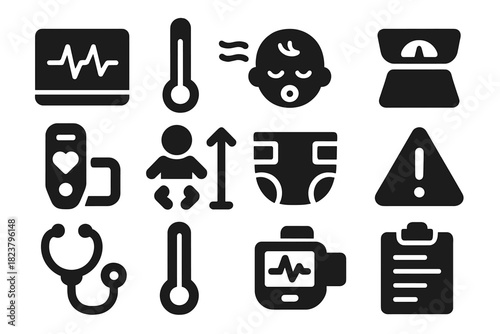 Newborn Health Icons. Solid style icons of newborn health monitoring: heart rate monitor, temperature gauge, respiratory sensor,