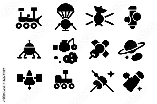 Extraterrestrial Mission Icons. Solid style icons of Extraterrestrial Missions: Mars explorer, Venus atmospheric probe, Jupiter